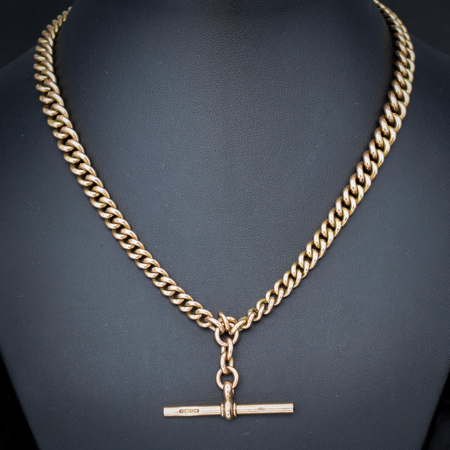 Antique Chester 1921 9ct Gold Graduated Curb Link Albert Watch Chain Necklace - 16.75"