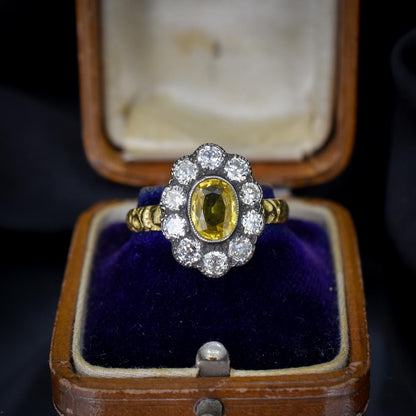 Yellow Sapphire and 0.90ct Old Cut Diamond Oval Cluster 18ct Gold Ring