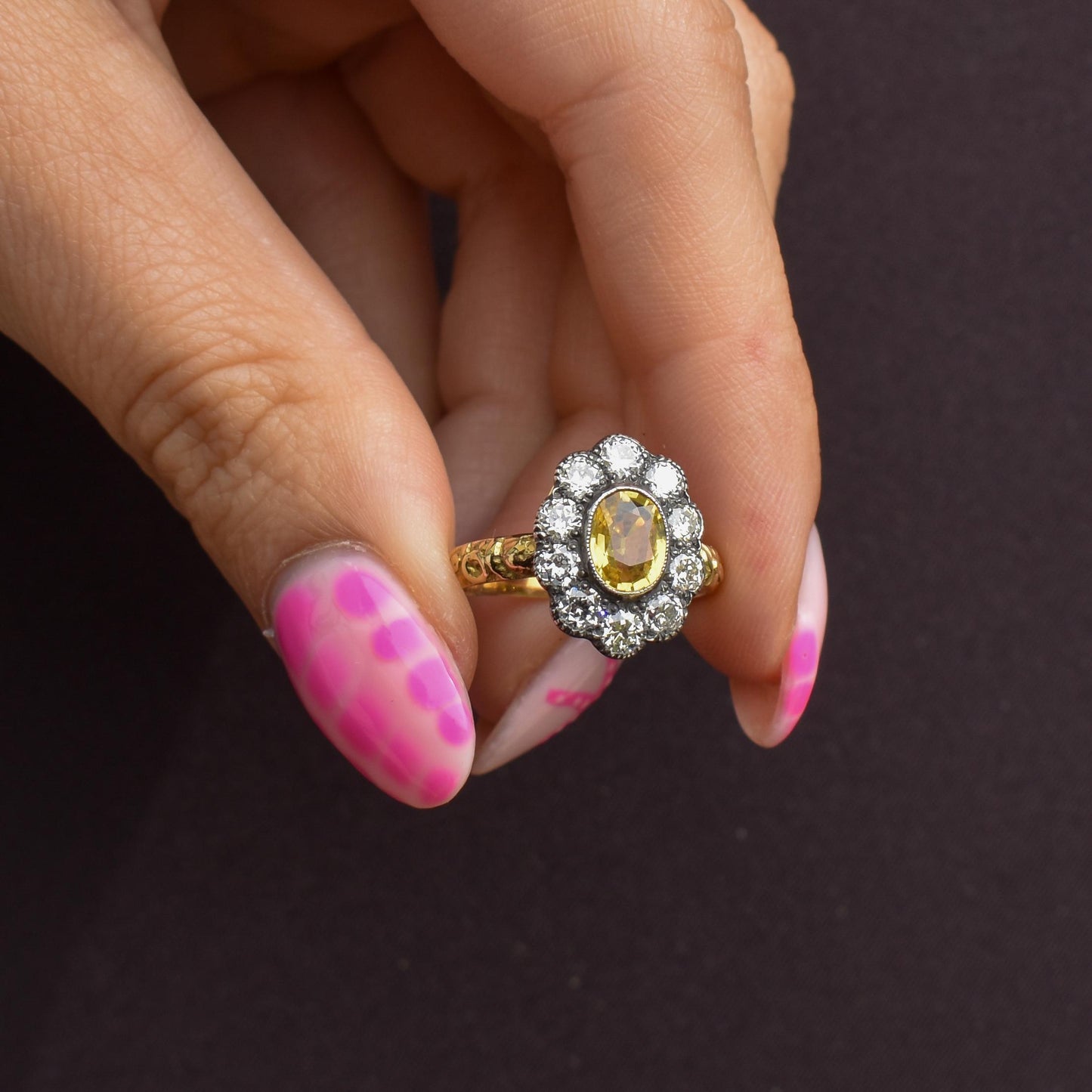 Yellow Sapphire and 0.90ct Old Cut Diamond Oval Cluster 18ct Gold Ring