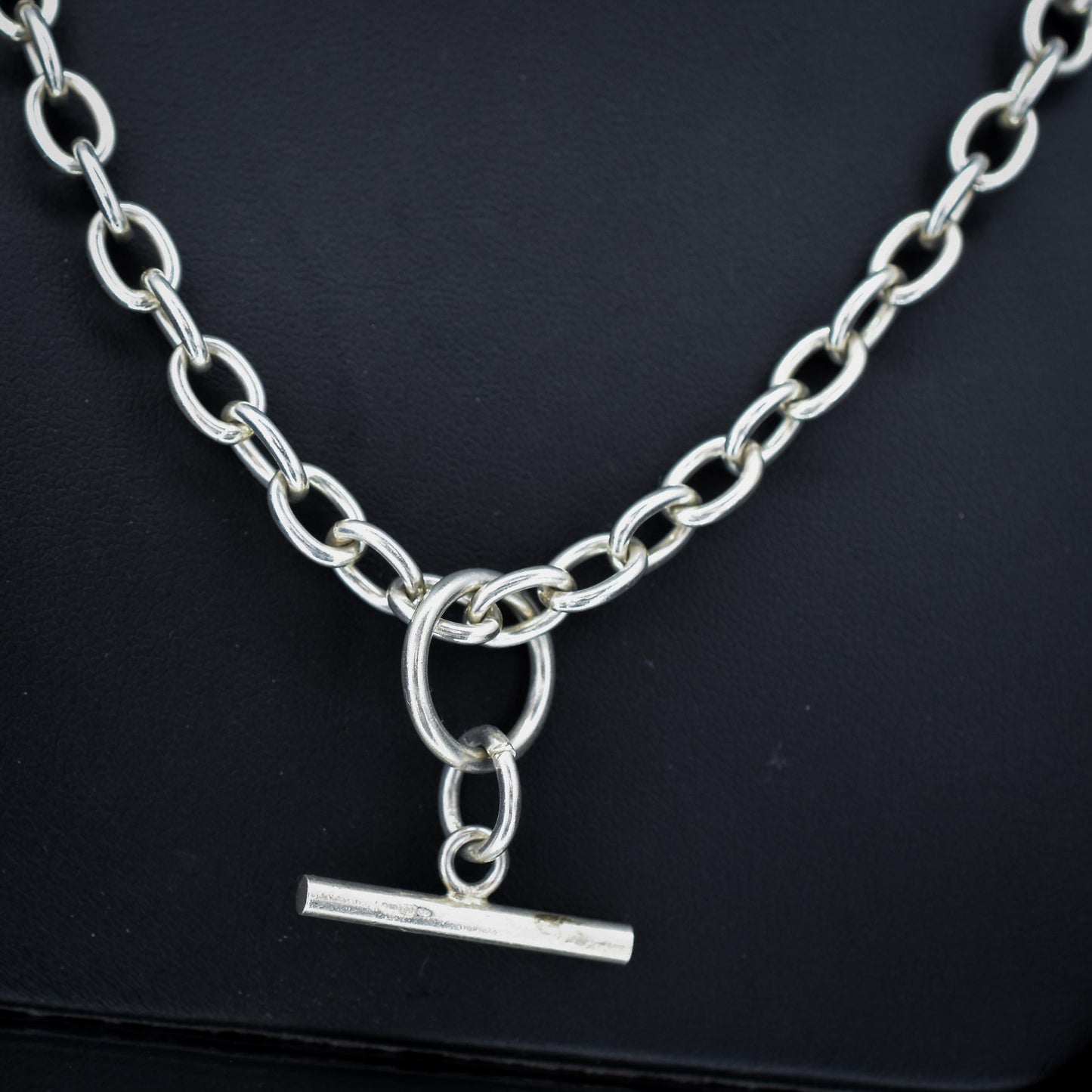 Vintage Sterling Silver Oval Cable Link Watch Chain Necklace with T-Bar and Dog Clips – 18.5"