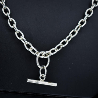 Vintage Sterling Silver Oval Cable Link Watch Chain Necklace with T-Bar and Dog Clips – 18.5"