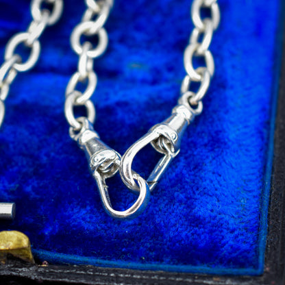 Vintage Sterling Silver Oval Cable Link Watch Chain Necklace with T-Bar and Dog Clips – 18.5"