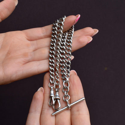 Antique Victorian Sterling Silver Curb Link Double Albert Watch Chain – 16.5"