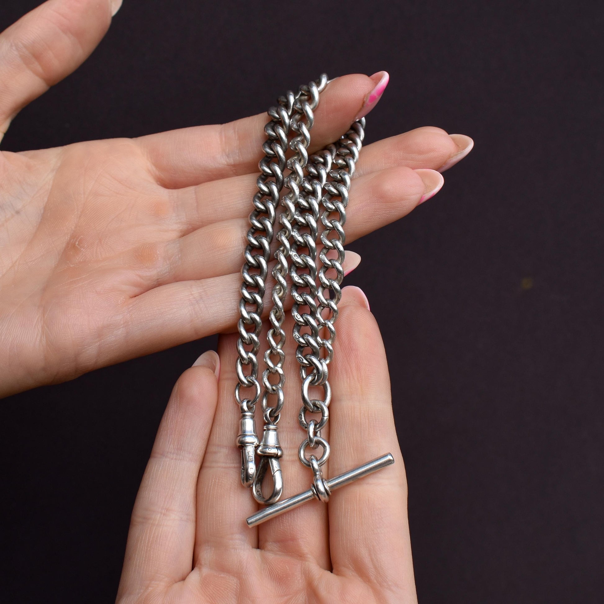Antique Victorian Sterling Silver Curb Link Double Albert Watch Chain – 16.5"