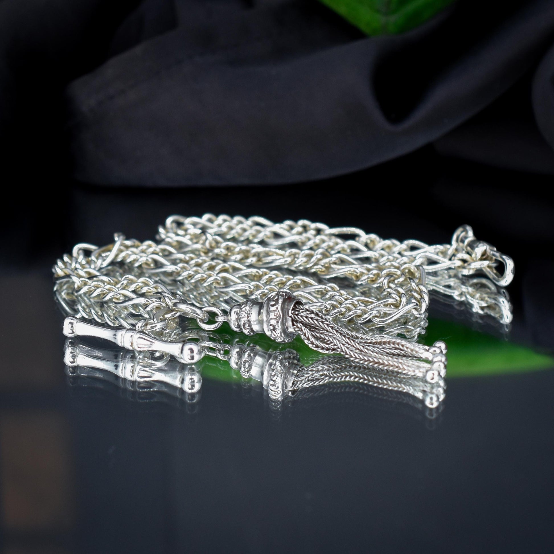 Vintage Sterling Silver Figaro Albert Chain Necklace with Dog Clip, T Bar & Tassel | 18"