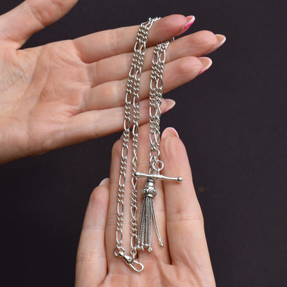 Vintage Sterling Silver Figaro Albert Chain Necklace with Dog Clip, T Bar & Tassel | 18"