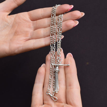 Vintage Sterling Silver Figaro Albert Chain Necklace with Dog Clip, T Bar & Tassel | 18"
