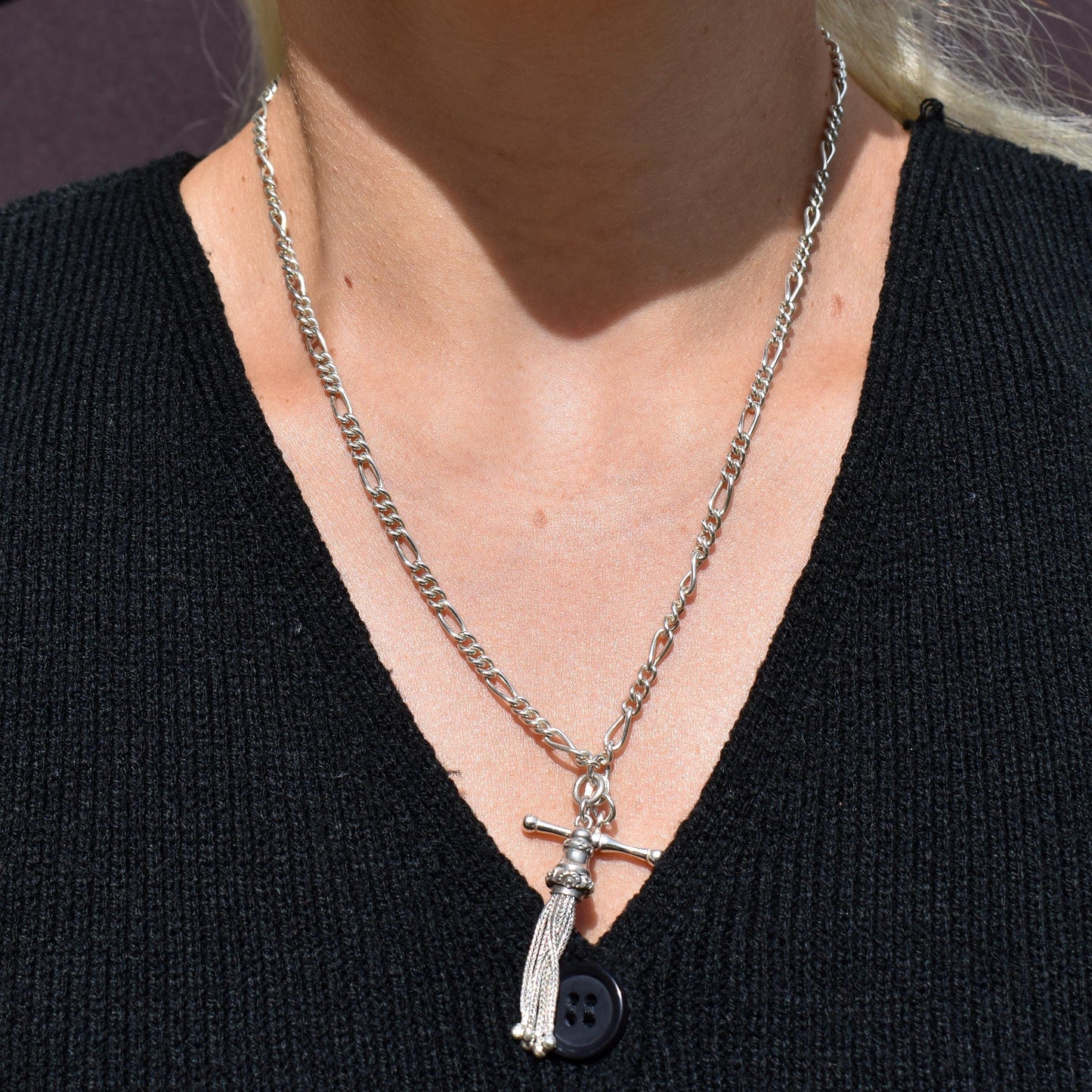 Vintage Sterling Silver Figaro Albert Chain Necklace with Dog Clip, T Bar & Tassel | 18"
