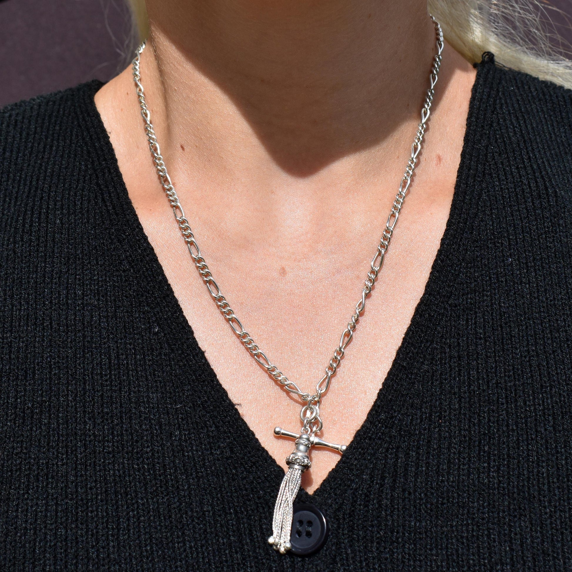 Vintage Sterling Silver Figaro Albert Chain Necklace with Dog Clip, T Bar & Tassel | 18"