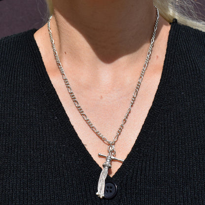 Vintage Sterling Silver Figaro Albert Chain Necklace with Dog Clip, T Bar & Tassel | 18"
