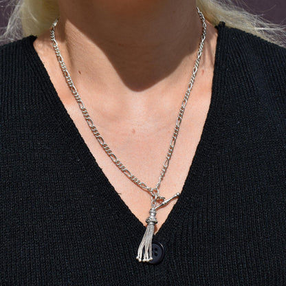 Vintage Sterling Silver Figaro Albert Chain Necklace with Dog Clip, T Bar & Tassel | 18"