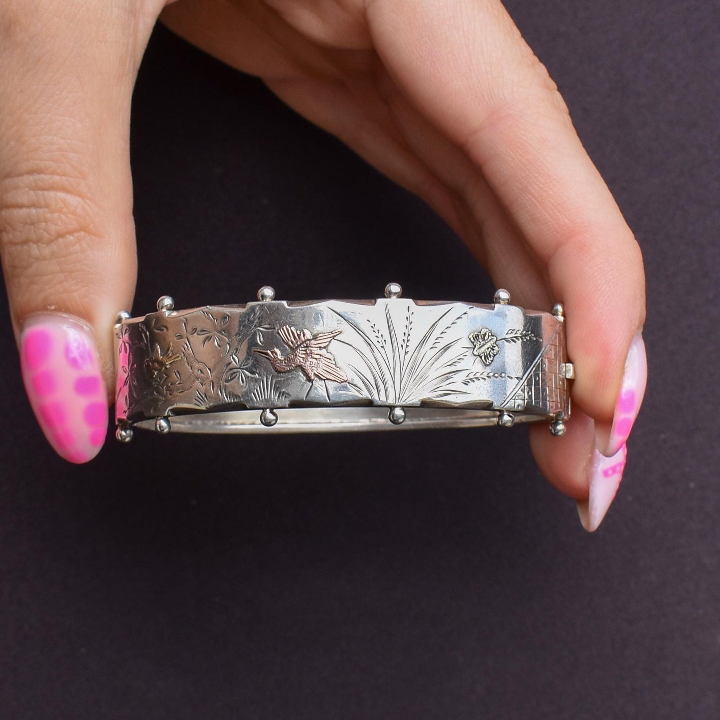 Antique Victorian Silver and Gold Bird Cuff Bangle Bracelet