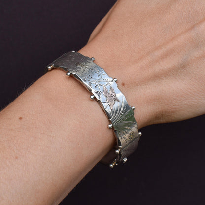 Antique Victorian Silver and Gold Bird Cuff Bangle Bracelet