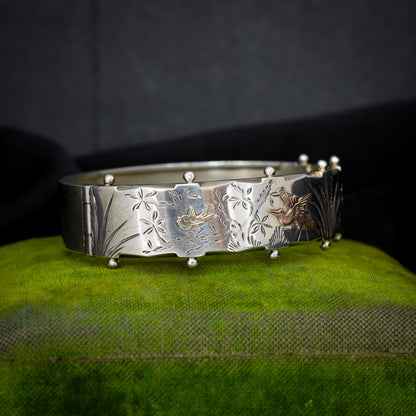 Antique Victorian Silver and Gold Bird Cuff Bangle Bracelet