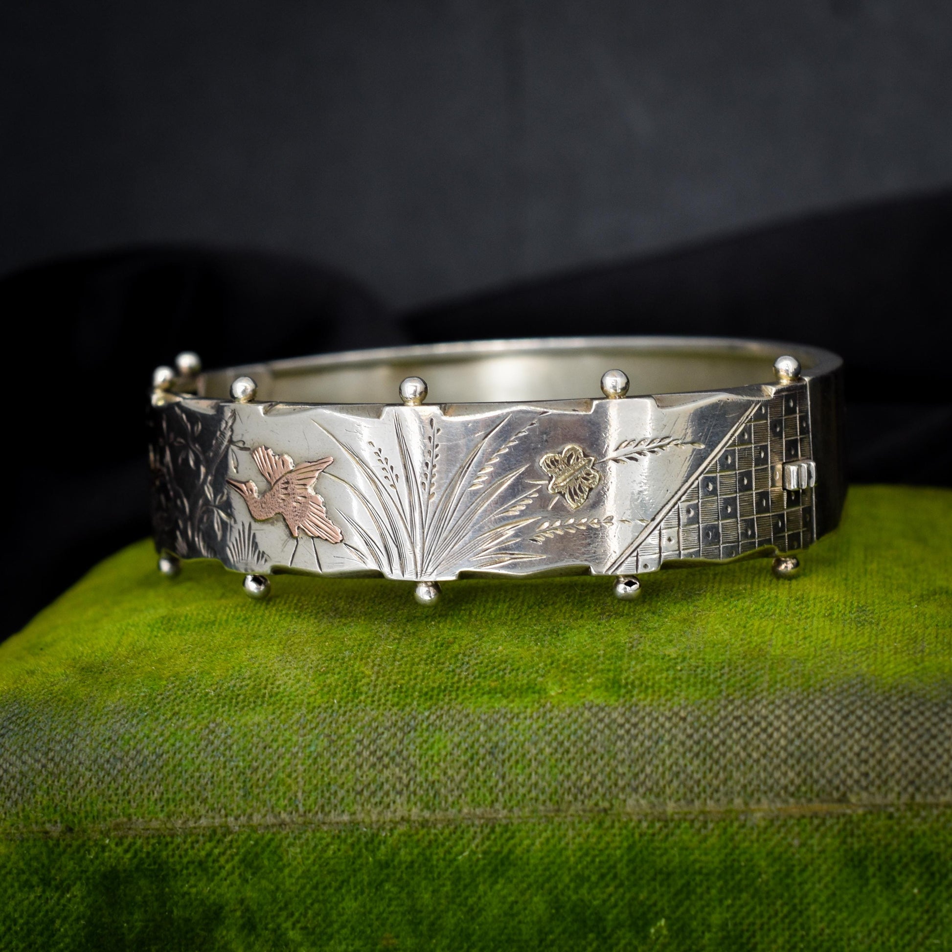 Antique Victorian Silver and Gold Bird Cuff Bangle Bracelet