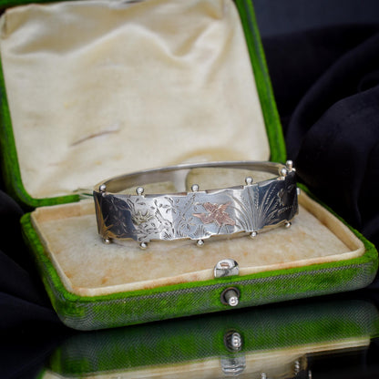 Antique Victorian Silver and Gold Bird Cuff Bangle Bracelet