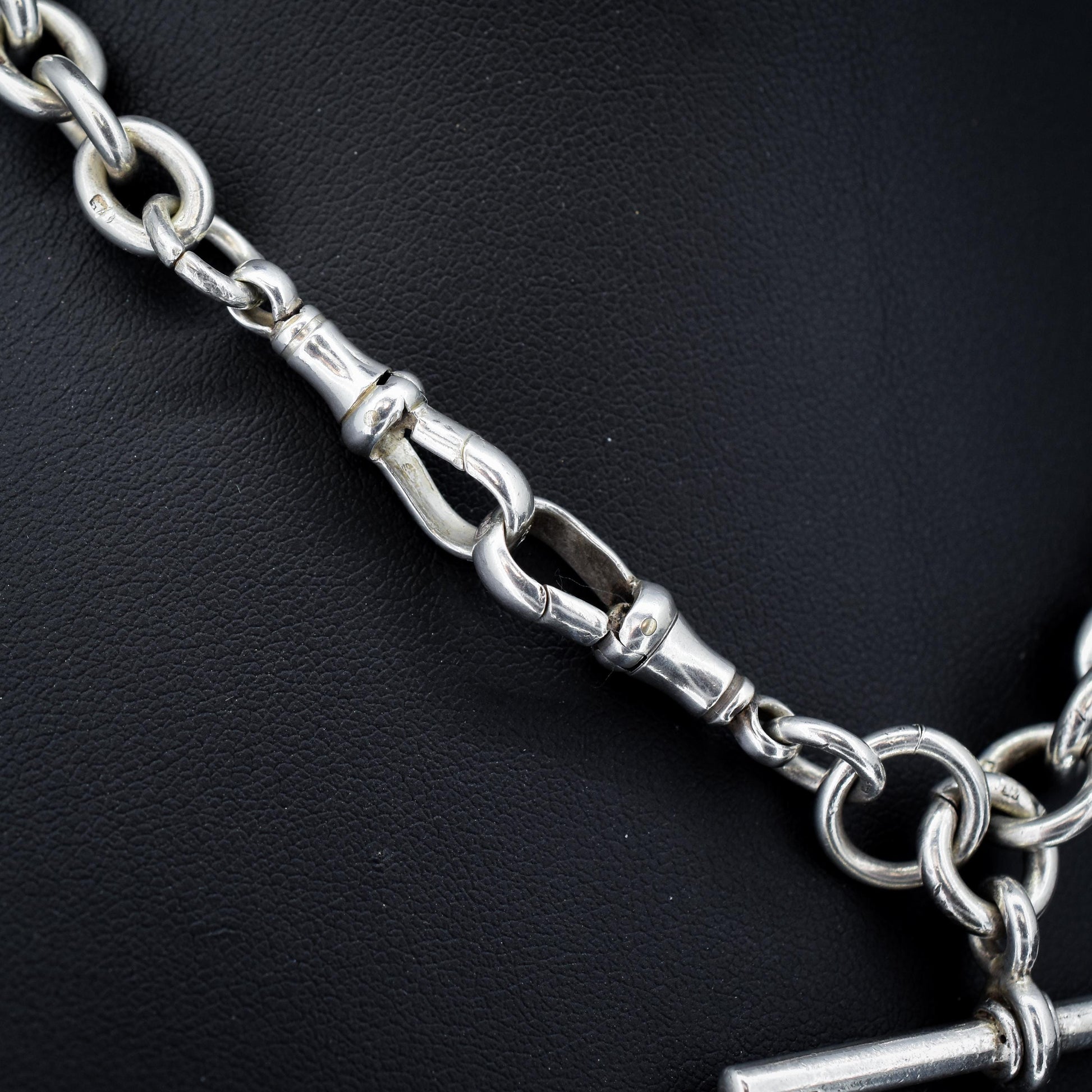 Antique '1910' Sterling Silver Trombone Oval Link Watch Chain Necklace | 15"