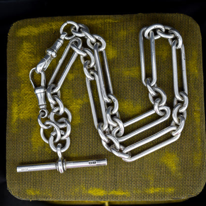 Antique '1910' Sterling Silver Trombone Oval Link Watch Chain Necklace | 15"
