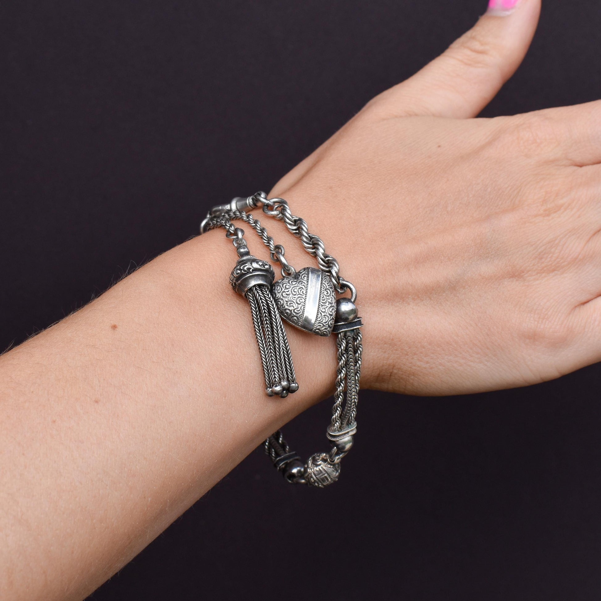 Antique Silver Heart Albertina Albert Watch Chain Bracelet with Tassel
