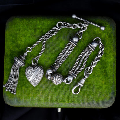 Antique Silver Heart Albertina Albert Watch Chain Bracelet with Tassel