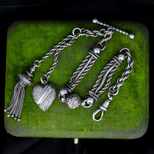 Antique Silver Heart Albertina Albert Watch Chain Bracelet with Tassel