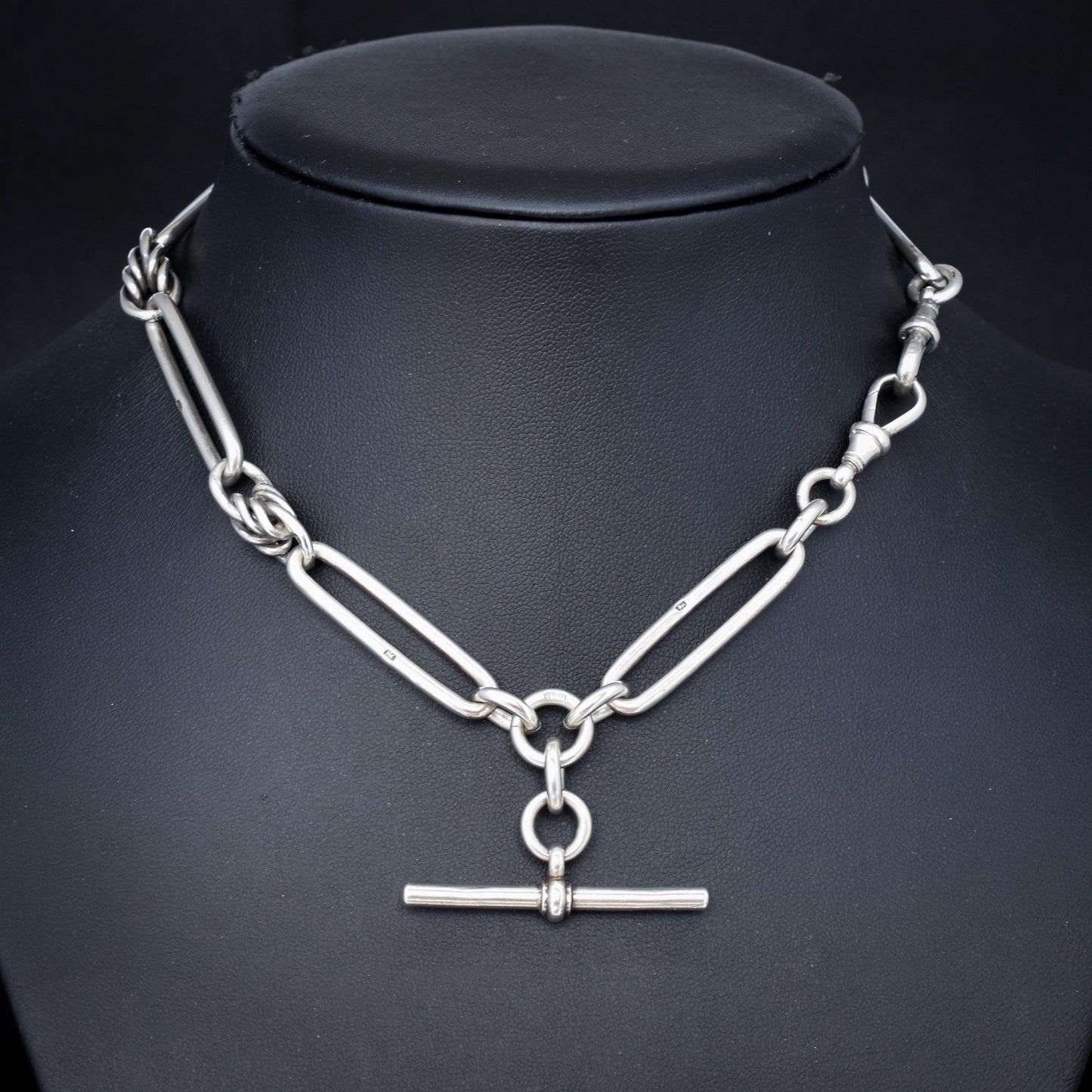 Antique Victorian '1888' Sterling Silver Trombone Love Knot Watch Chain Necklace | 14.25"