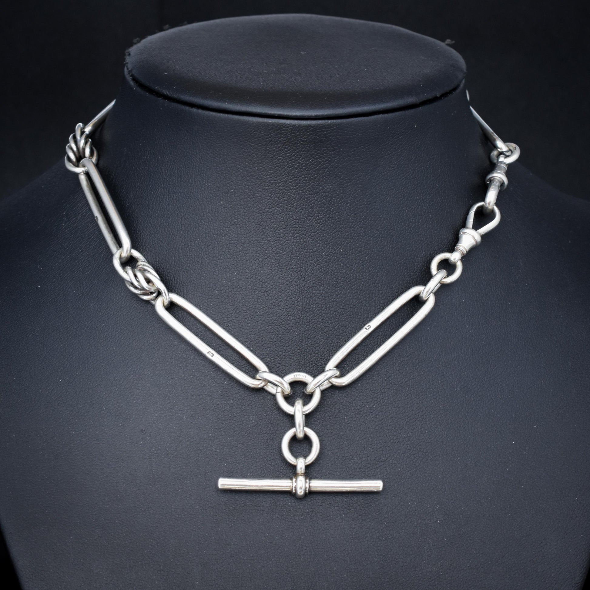 Antique Victorian '1888' Sterling Silver Trombone Love Knot Watch Chain Necklace | 14.25"