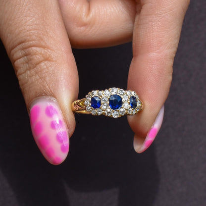 Antique Victorian '1898' Blue Sapphire and Diamond Triple Cluster 18ct Gold Ring