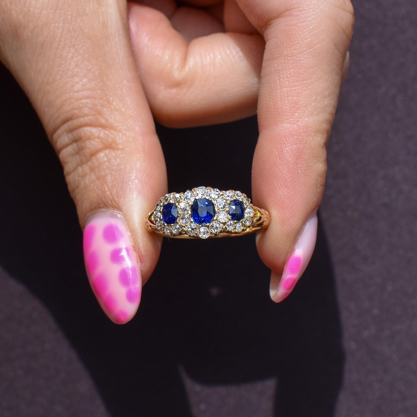 Antique Victorian '1898' Blue Sapphire and Diamond Triple Cluster 18ct Gold Ring