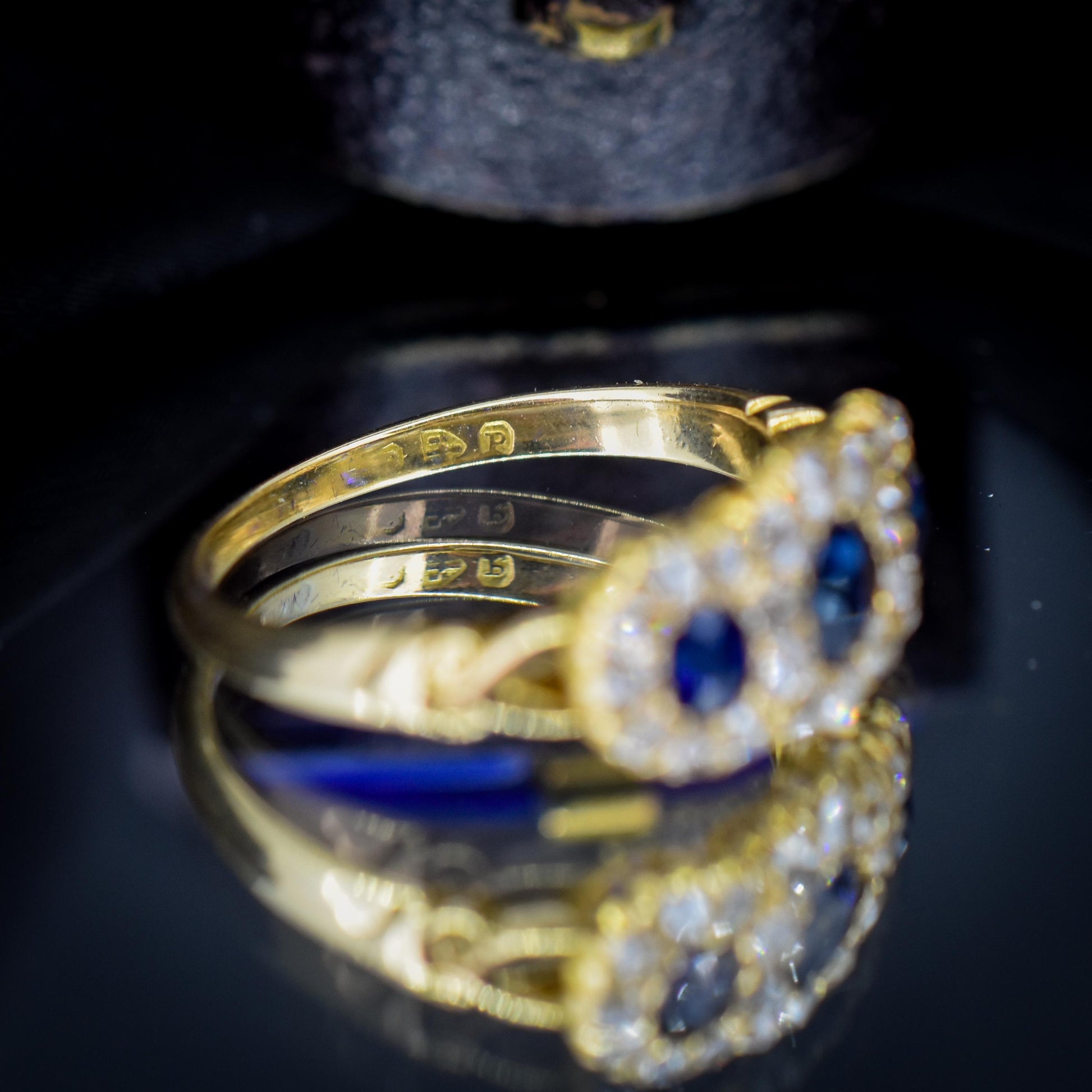 Antique Victorian '1898' Blue Sapphire and Diamond Triple Cluster 18ct Gold Ring