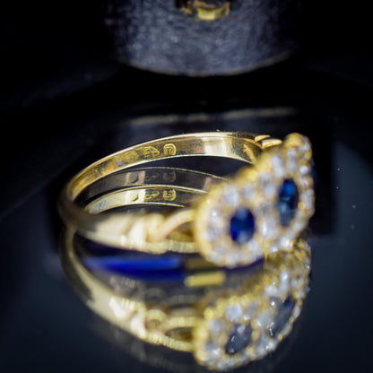 Antique Victorian '1898' Blue Sapphire and Diamond Triple Cluster 18ct Gold Ring
