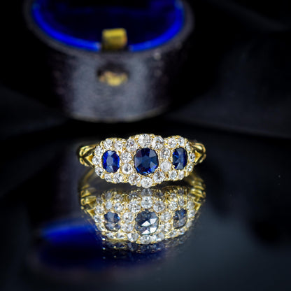 Antique Victorian '1898' Blue Sapphire and Diamond Triple Cluster 18ct Gold Ring