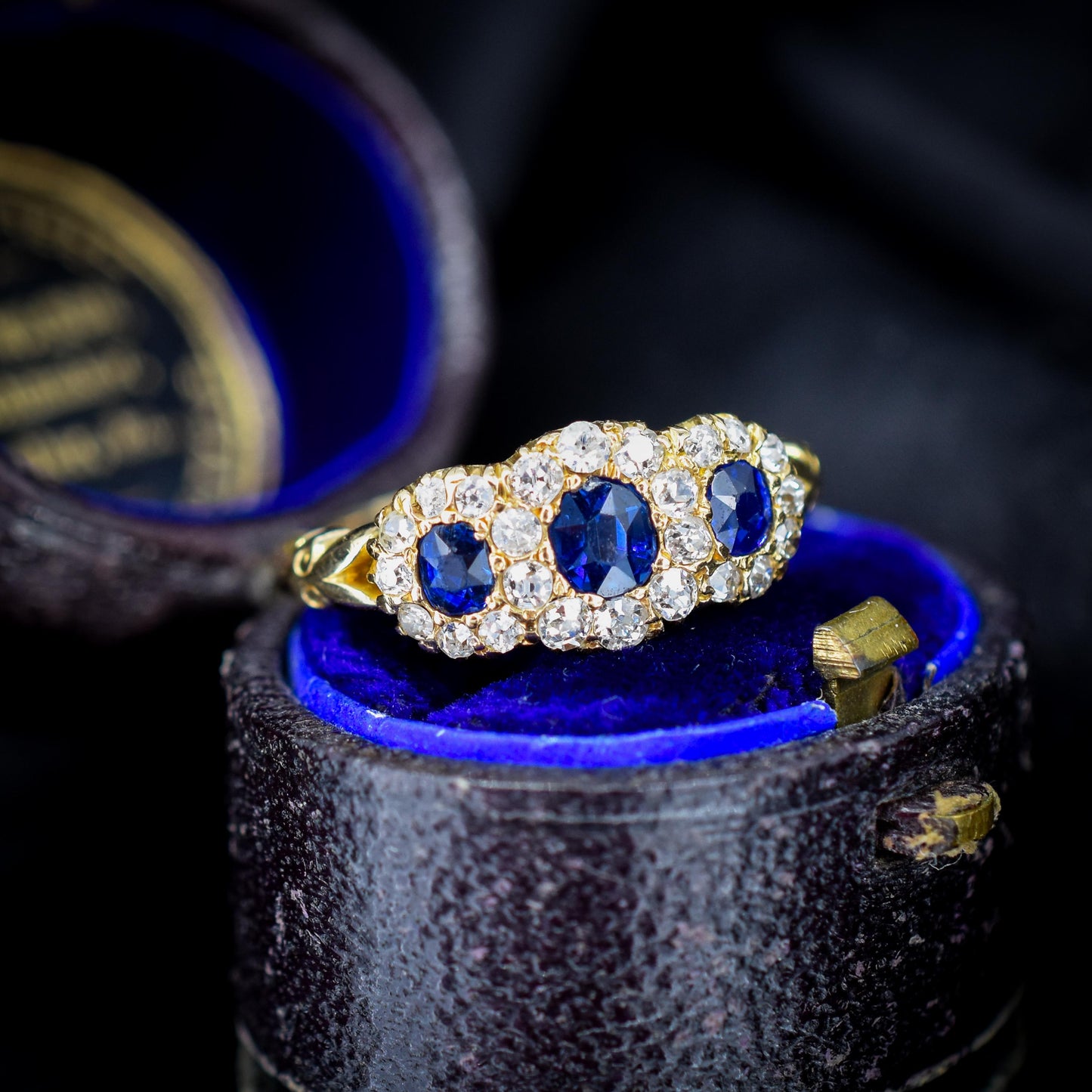 Antique Victorian '1898' Blue Sapphire and Diamond Triple Cluster 18ct Gold Ring