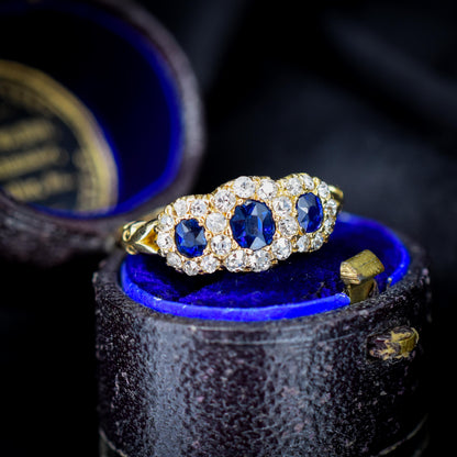 Antique Victorian '1898' Blue Sapphire and Diamond Triple Cluster 18ct Gold Ring