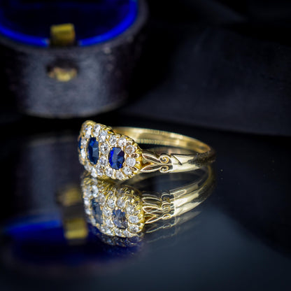 Antique Victorian '1898' Blue Sapphire and Diamond Triple Cluster 18ct Gold Ring