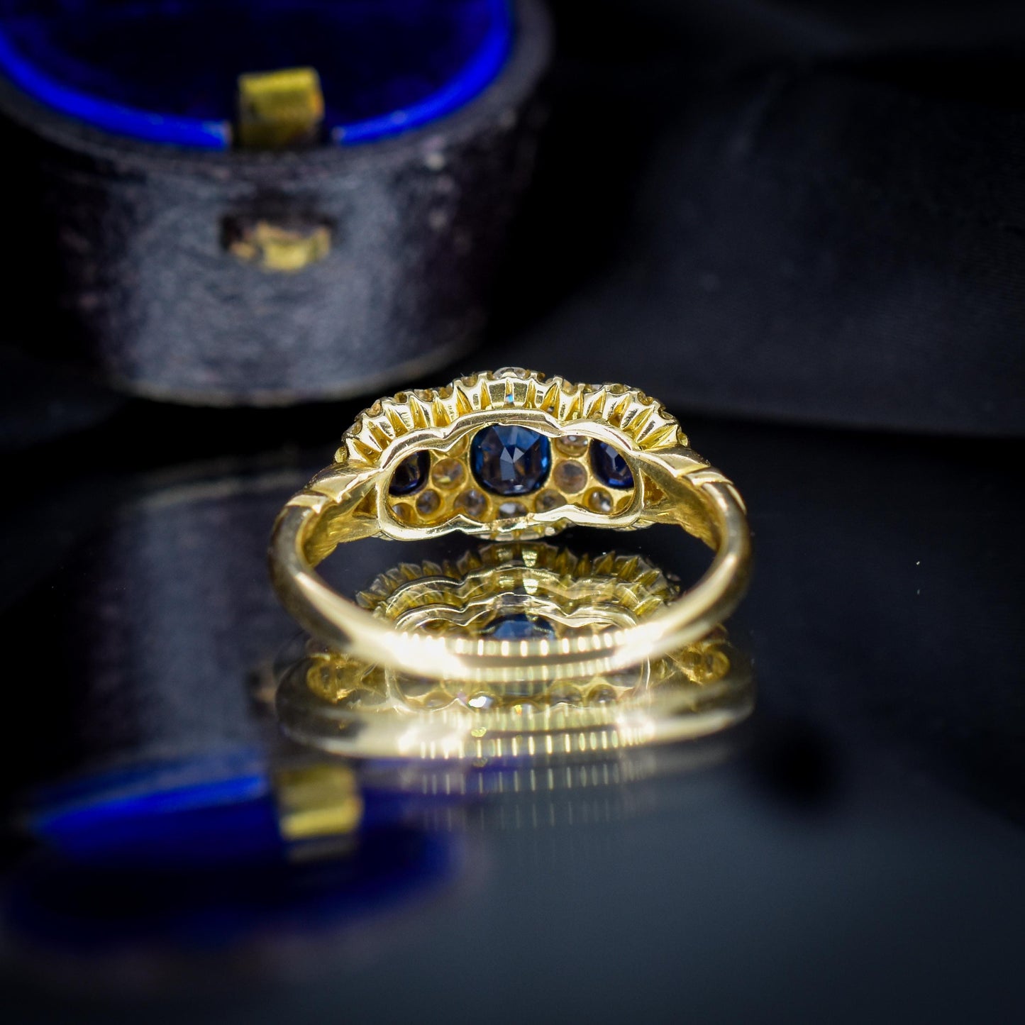 Antique Victorian '1898' Blue Sapphire and Diamond Triple Cluster 18ct Gold Ring
