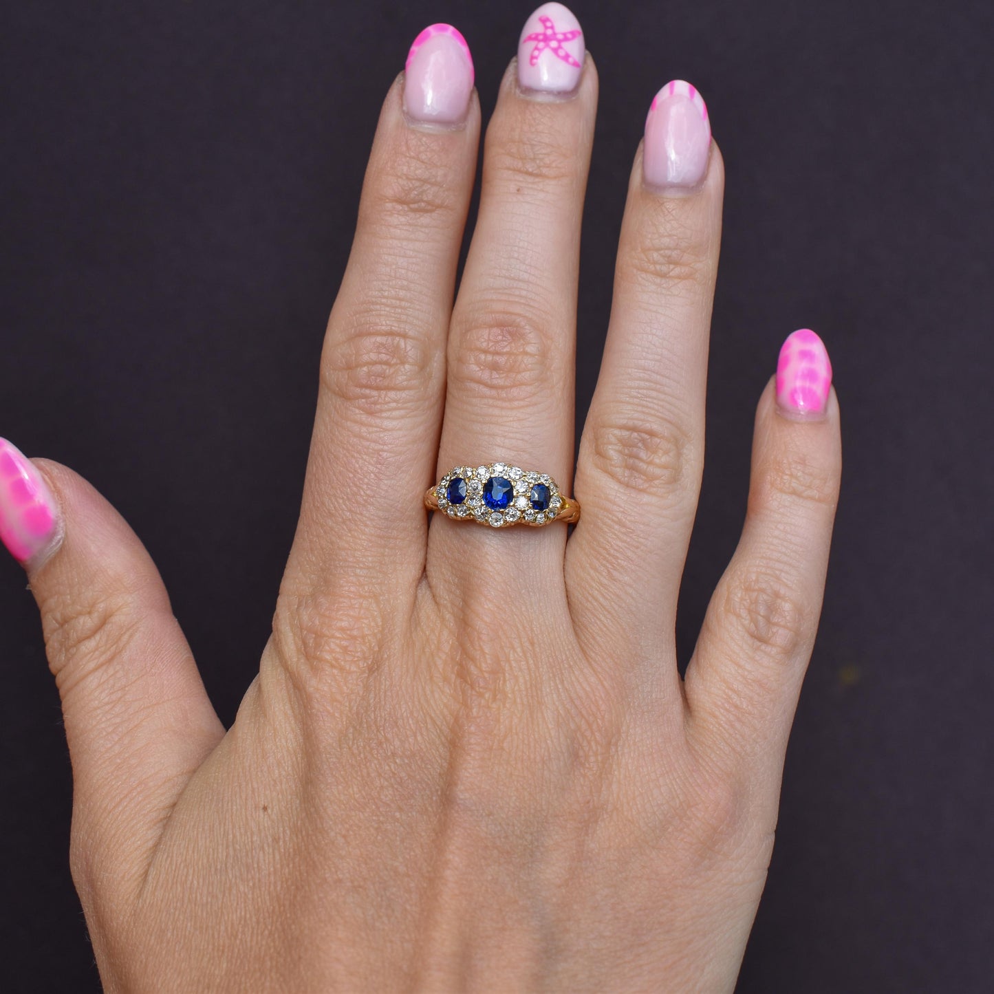 Antique Victorian '1898' Blue Sapphire and Diamond Triple Cluster 18ct Gold Ring