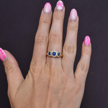 Antique Victorian '1898' Blue Sapphire and Diamond Triple Cluster 18ct Gold Ring