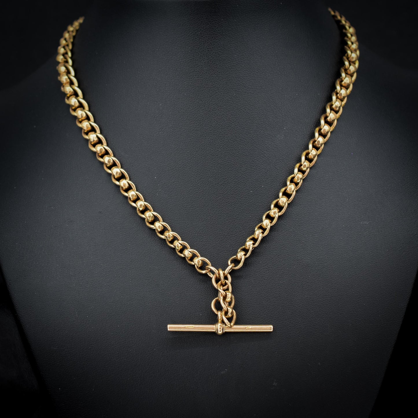 Antique Rollerball 9ct Gold Albert Chain with T-Bar and Double Dog Clips | 16"