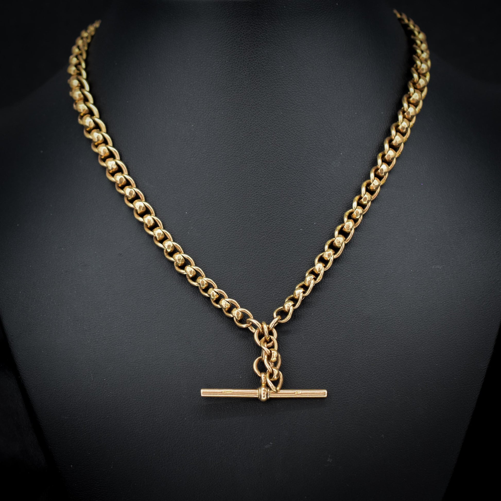 Antique Rollerball 9ct Gold Albert Chain with T-Bar and Double Dog Clips | 16"
