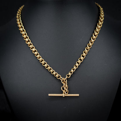 Antique Rollerball 9ct Gold Albert Chain with T-Bar and Double Dog Clips | 16"