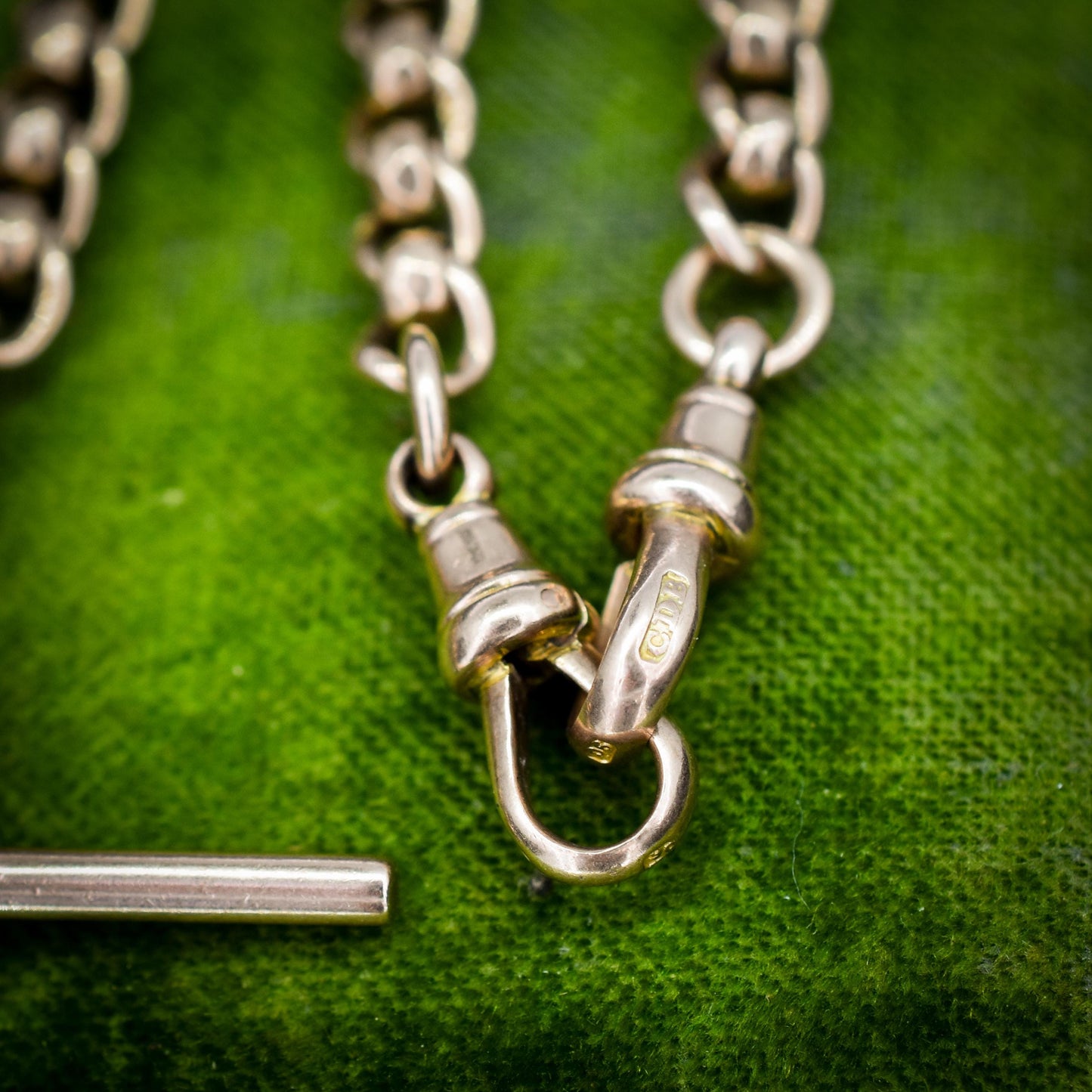 Antique Rollerball 9ct Gold Albert Chain with T-Bar and Double Dog Clips | 16"