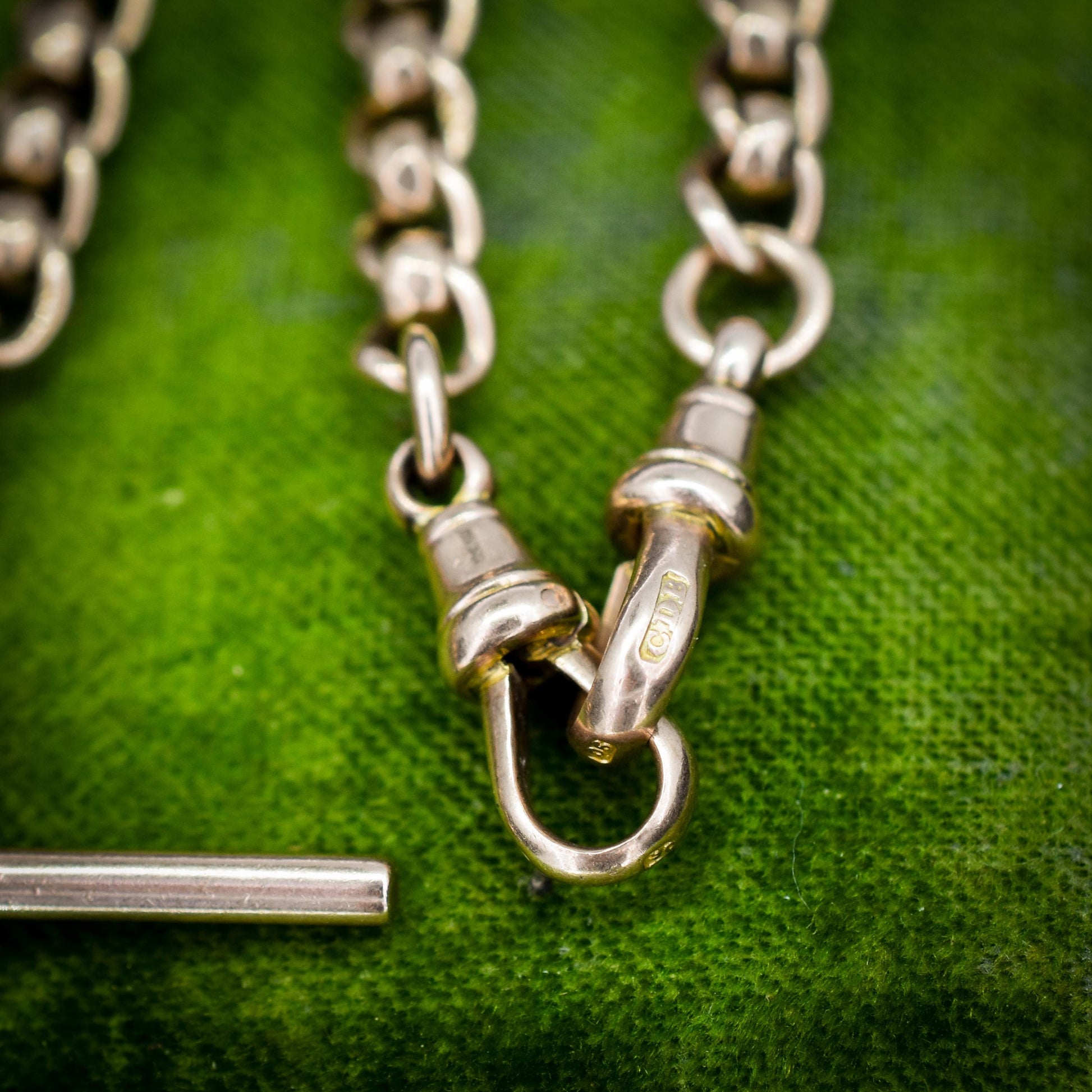 Antique Rollerball 9ct Gold Albert Chain with T-Bar and Double Dog Clips | 16"