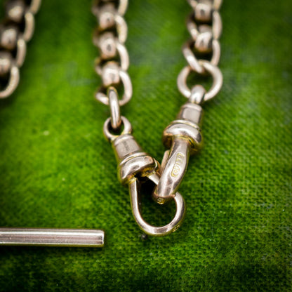 Antique Rollerball 9ct Gold Albert Chain with T-Bar and Double Dog Clips | 16"