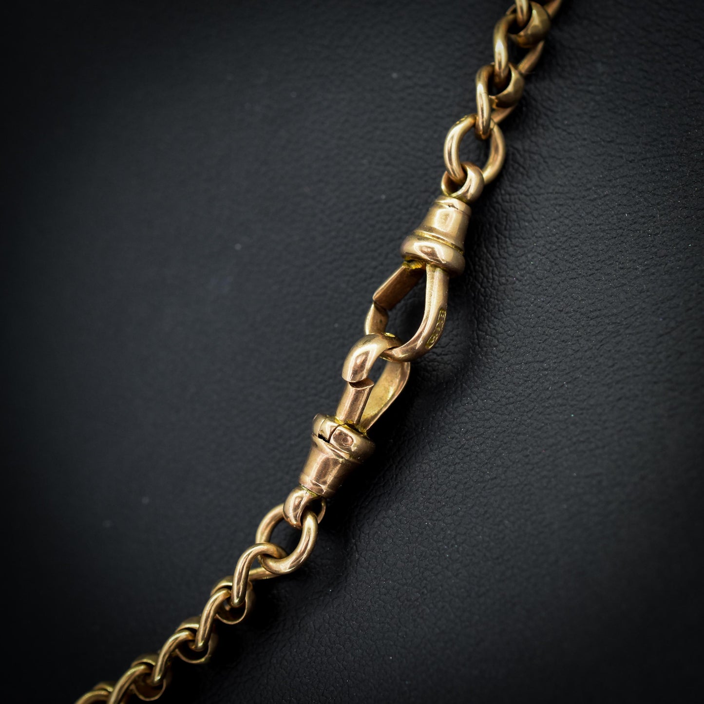 Antique Rollerball 9ct Gold Albert Chain with T-Bar and Double Dog Clips | 16"