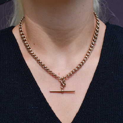 Antique Rollerball 9ct Gold Albert Chain with T-Bar and Double Dog Clips | 16"