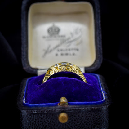Vintage Diamond Three Stone 18ct Yellow Gold Boat Ring | Dated 1995