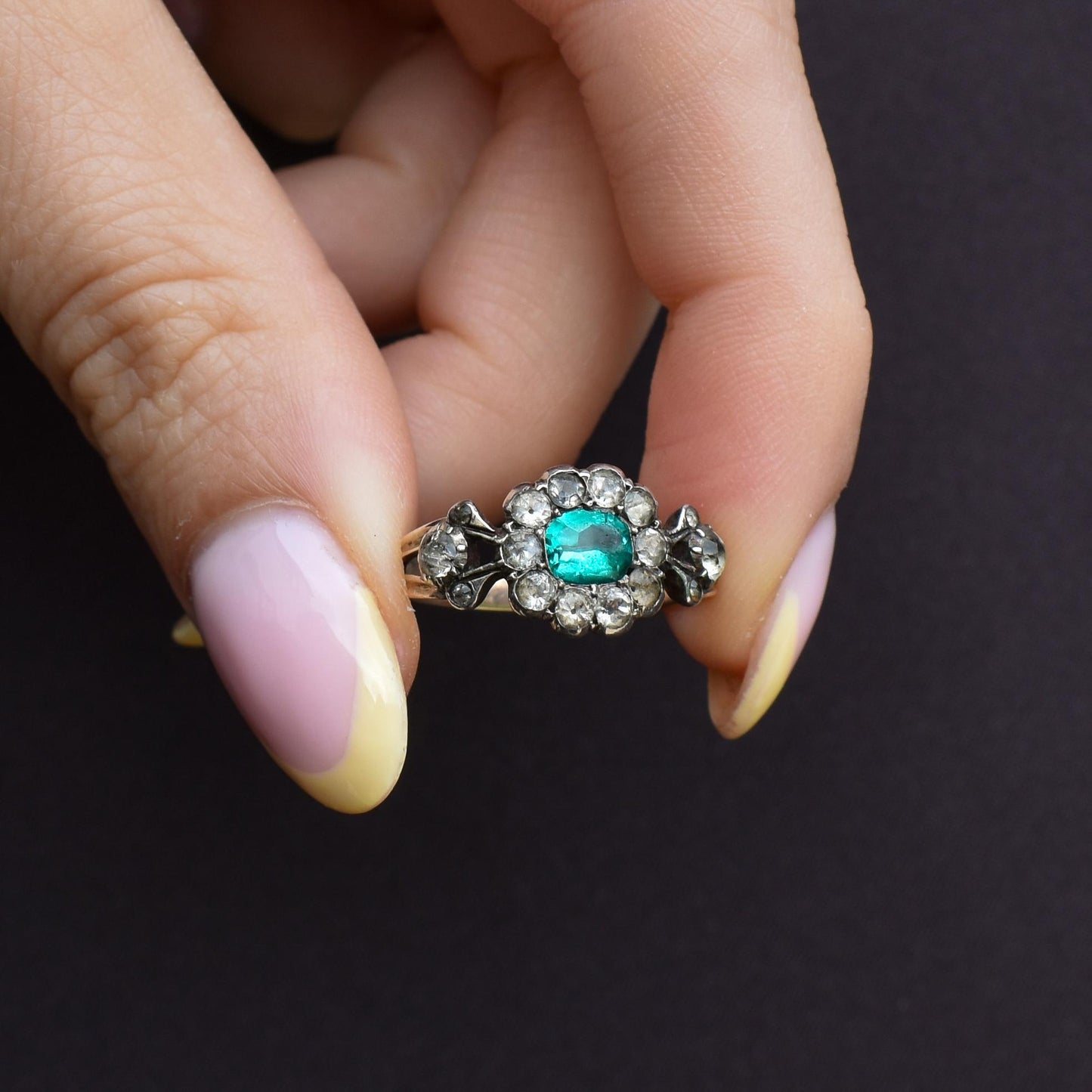 Antique Georgian Green Paste Cluster 9ct Gold and Silver Ring
