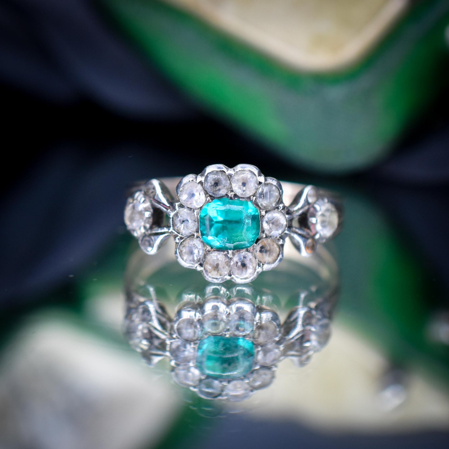Antique Georgian Green Paste Cluster 9ct Gold and Silver Ring
