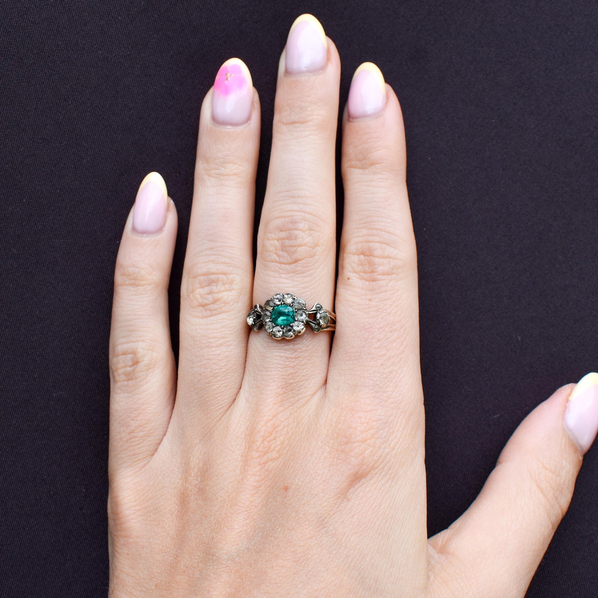 Antique Georgian Green Paste Cluster 9ct Gold and Silver Ring